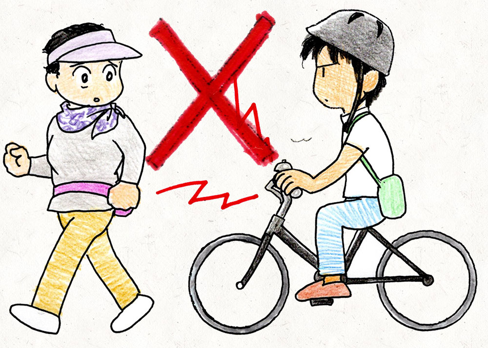 ウォーキングの人にベルを鳴らしているイラスト