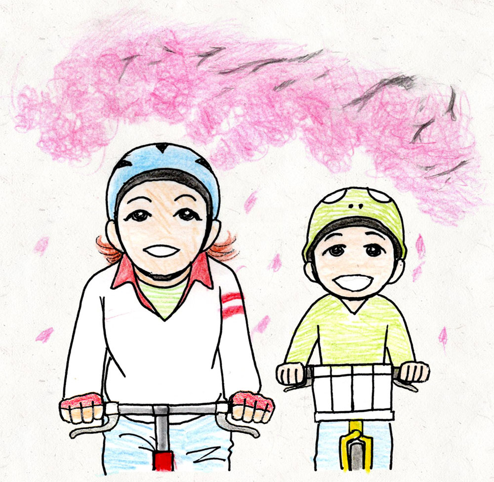 桜並木をサイクリングしているイラスト